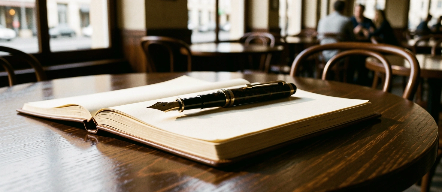 Détail d'un carnet de notes sur une table de bistrot